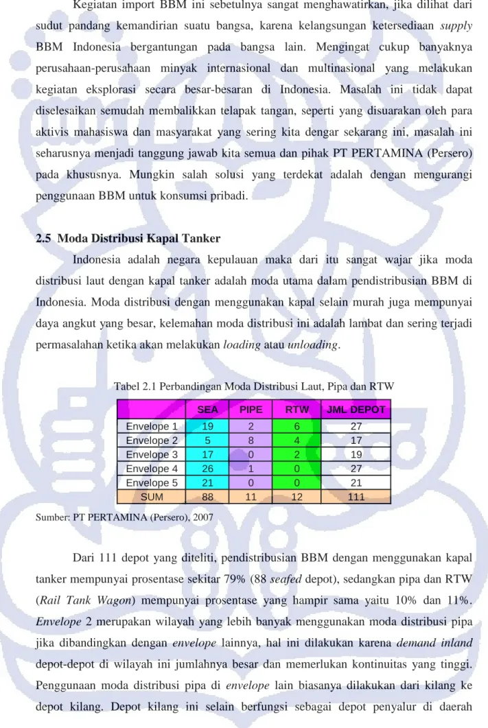 Tabel 2.1 Perbandingan Moda Distribusi Laut, Pipa dan RTW  SEA PIPE RTW JML DEPOT