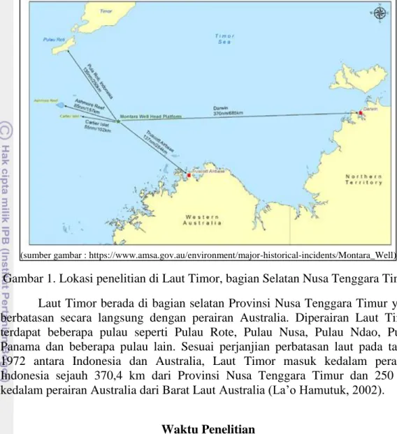 Gambar 1. Lokasi penelitian di Laut Timor, bagian Selatan Nusa Tenggara Timur  Laut Timor berada di bagian selatan Provinsi Nusa Tenggara Timur  yang  berbatasan  secara  langsung  dengan  perairan  Australia