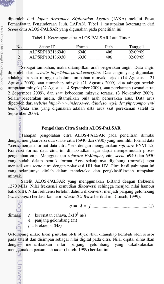 Tabel 1. Keterangan citra ALOS-PALSAR Laut Timor 
