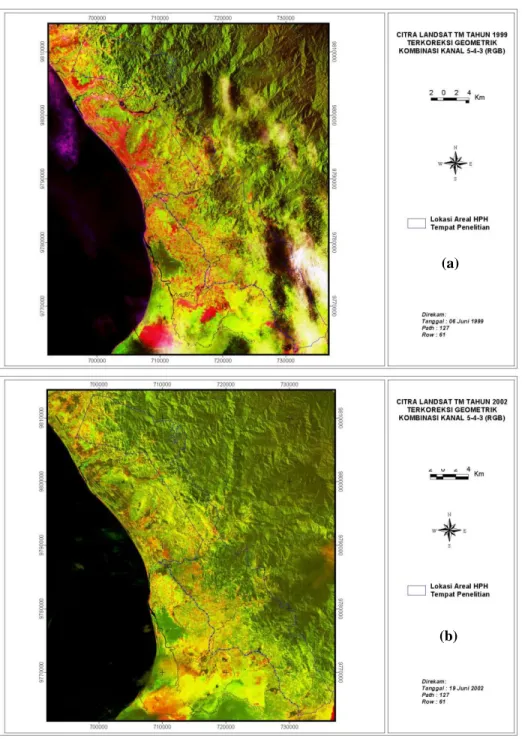 Gambar 1.   (a) Citra Landsat TM rekaman 6 juni 1999 dan (b) Landsat ETM rekaman 19  juni 2002 