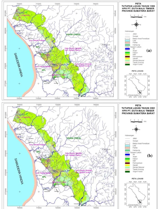 Gambar 2.  Kondisi  tutupan  hutan/lahan  hasil  klasifikasi  citra  (a)  tahun  1999  dan  (b)  tahun 2002 