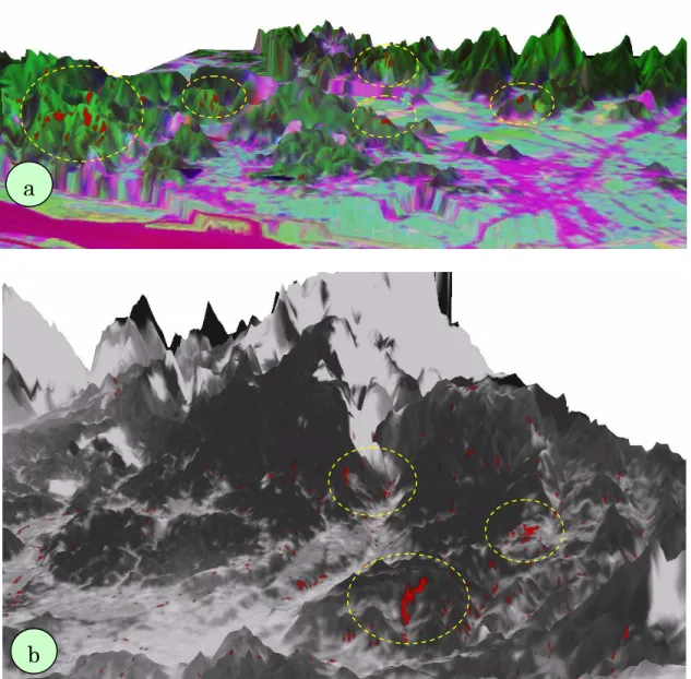 Gambar 3.  Sebaran lokasi lahan longsor (warna merah diberi lingkaran kuning) (a)  untuk daerah Teradomari  dioverlaykan dengan citra asli dari SPOT  multiwaktu band Green-2004, NIR-2001 dan Red-2001; dan (b) untuk  daerah Tochio dan Shitada Mura dioverlay