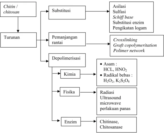 Gambar 4.   Diagram beberapa segi pemanfaatan dari chitin  dan  chitosan  yang  potensial (Prashanth dan Tharanathan 2007) 