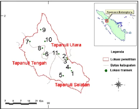Gambar 1 Peta lokasi penelitian : Aek Nabara (1), Sibulan-bulan (2), Sipetang  (3), Sitandiang (4), Uluala (5),  Haramonting (6), Lobu Sikkam (7), Tapian Nauli (8), Lobu Pining (9), Simardangiang (10), dan Sitolubahal (11)