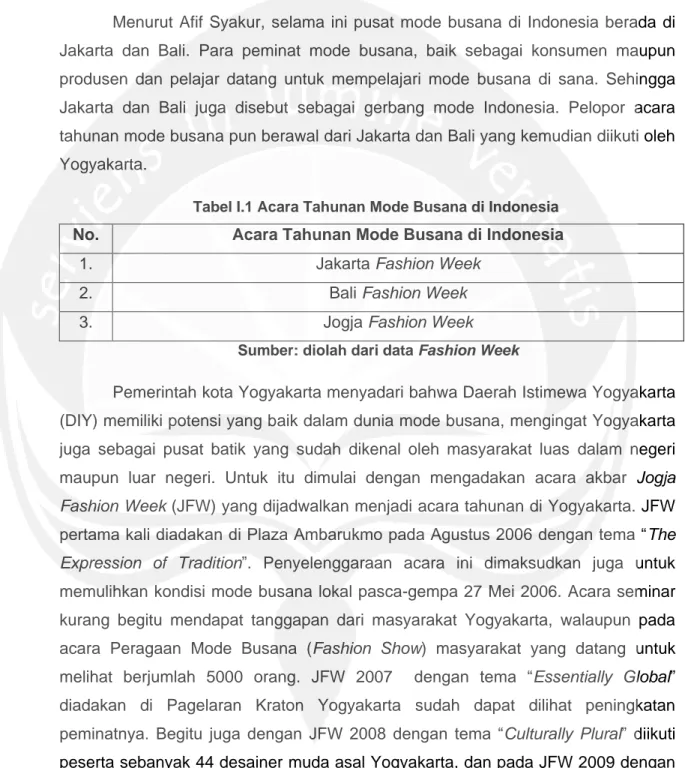 Tabel I.1 Acara Tahunan Mode Busana di Indonesia  No.  Acara Tahunan Mode Busana di Indonesia 