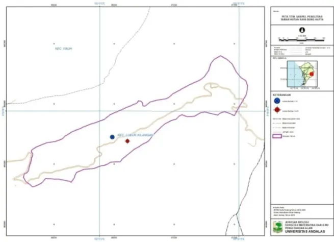 Gambar 1. Peta lokasi penelitian di kawasan Taman Hutan Raya Dr. Moh. Hatta (Dinas Kehutanan Kota Padang 2015)