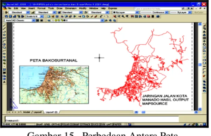 Gambar 4.12 merupakan perbedaan antara peta  Bakosurtanal dengan peta kota (City Map)  dengan menggunakan alat GPS