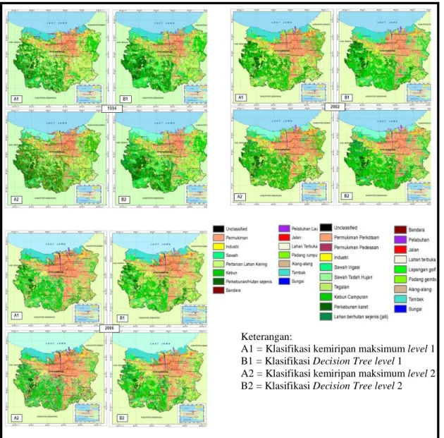 Gambar  2.  Hasil klasifikasi penggunaan lahan dengan metode kemiripan  maksimum dan decision tree untuk tahun 1994, 2002, dan 2006 