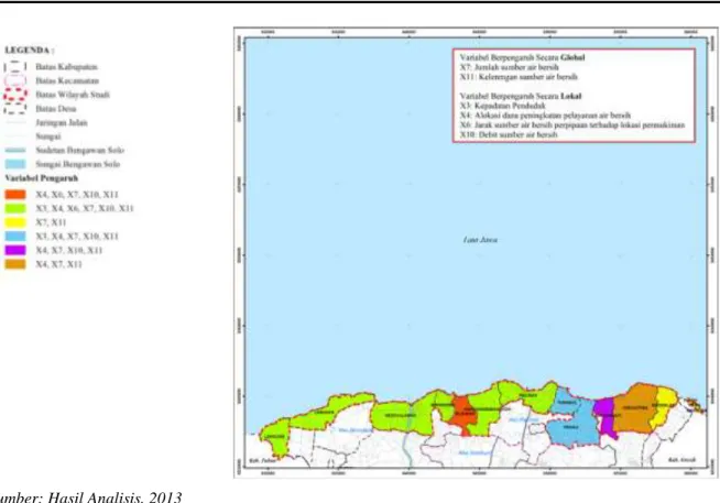 Gambar 3. Pemetaan Analisis GWR berdasarkan Variabel yang Berpengaruh terhadap Distribusi  Pelayanan Air Bersih di Permukiman Pesisir Utara Lamongan 