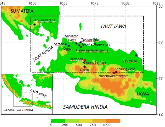Gambar 1. Lokasi stasiun cuaca yang berada di wilayah Jakarta dan sekitarnya. Stasiun dengan  ketersediaan data SYNOP lebih dari 10 tahun disimbolkan dengan lingkaran biru, sedangkan stasiun  dengan ketersediaan data SYNOP kurang dari 10 tahun disimbolkan 