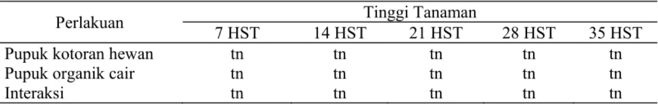 Table 1. Hasil Analisis Ragam Tinggi Tanaman Buncis Tegak Pada Umur 7, 14, 21, 28 dan 35  HST 