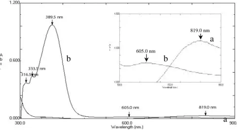 Gambar  26.  Spektra  Elektronik  (a)  CuSO 4 .5H 2 O    (b)  Cu(II)-(8-hidroksikuinolin)   dalam metanol 