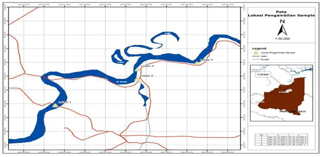 Gambar 1. Lokasi Pengambilan SampelAir Sungai Indargiri di 4 Titik Lokasi  d.  Analisis In-situ 