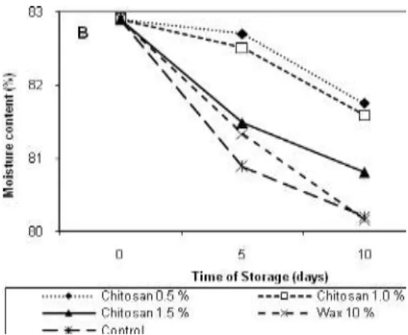 Figure 4.  Moisture content of  pondoh  snake fruit coated with chitosan during storage at 15  o  C (A) and  27-29 o C (B)