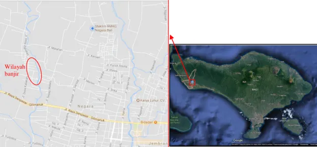 Gambar 1. Peta Letak Stasiun Klimatologi Jembrana dan Prakiraan Wilayah yang  Terdampak Banjir (Sumber: Google Map) 