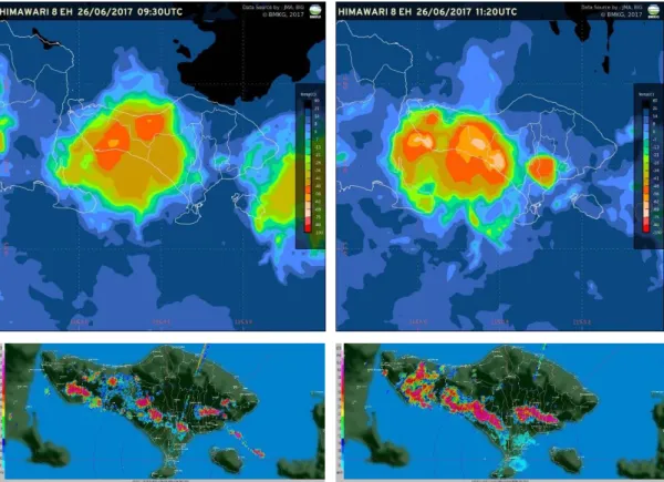 Gambar 3. Citra Satelit dan Radar Cuaca tanggal 26 Juni  2017 jam 17.30 WITA (kiri)  dan jam 19.20 WITA (kanan) 