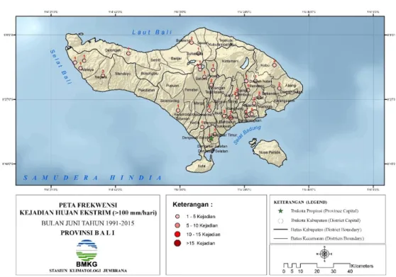 Gambar 9. Frekuensi Kejadian Hujan Ekstrim (&gt;100mm/hari) di Provinsi Bali bulan  Juni Periode 1991 - 2015  