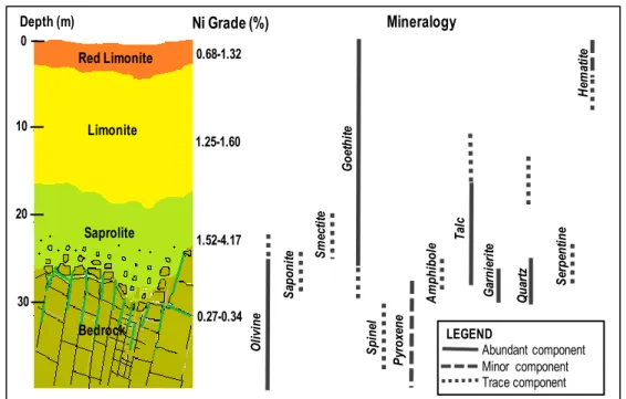 Gambar 1 Skematik profil pelapukan yang menggambarkan horizon berbeda dan  distribusi  mineral  yang  berkembang pada protolit  ultramafik tak terserpentinisasi  di blok barat Soroako