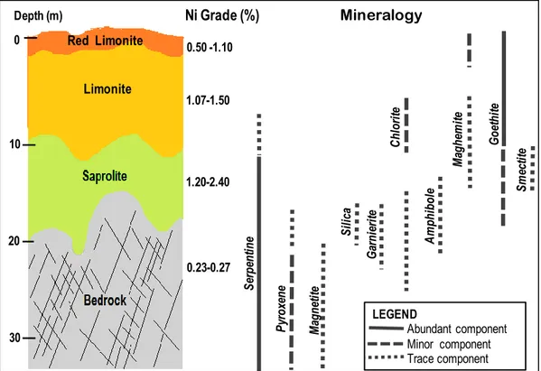 Figure  2  Skema  yang  menggambarkan  distribusi  mineral  pada  profil  pelapukan  yang berkembang di atas peridotit terserpentinisasi kuat pada blok Petea