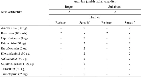 Tabel 4.  Uji kepekaan VTEC E. coli hemolitik yang diisolasi dari Kabupaten Bogor dan Sukabumi terhadap  beberapa antibiotika 