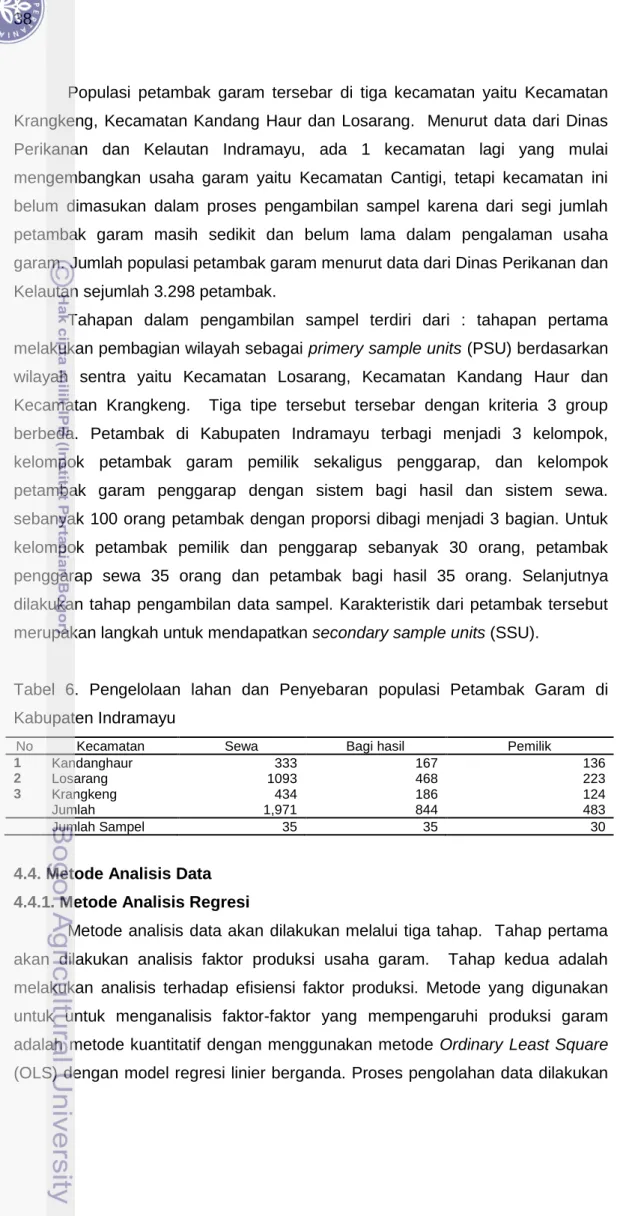 Tabel  6.  Pengelolaan  lahan  dan  Penyebaran  populasi  Petambak  Garam  di  Kabupaten Indramayu 