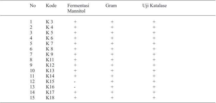 Tabel 1. Hasil identifikasi 15 isolat dari sampel susu kambing PE penderita mastitis