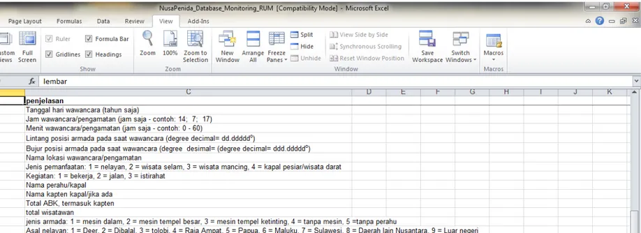 Gambar 10   Daftar Variabel dalam database monitoring pemanfaatan sumberdaya berdasarkan penempatan dalam sheet dan tabel dengan penjelasan dari  database