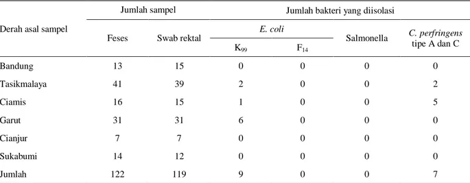 Tabel 2.  Jenis  bakteri  patogen  yang  dapat  diisolasi  dari  kejadian  diare  anak  sapi  pada  kelompok  ternak  sapi  potong  di  6  Kabupaten di Jawa Barat