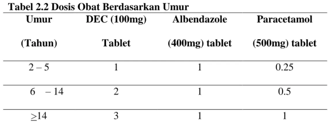 Tabel 2.2 Dosis Obat Berdasarkan Umur  Umur  (Tahun)  DEC (100mg) Tablet  Albendazole  (400mg) tablet  Paracetamol  (500mg) tablet  2 – 5  1  1  0.25  6  – 14  2  1  0.5  &gt;14  3  1  1 