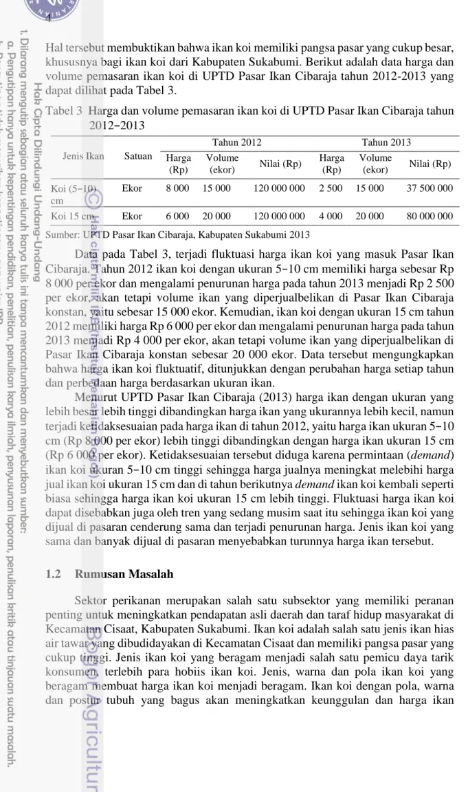 Tabel 3  Harga dan volume pemasaran ikan koi di UPTD Pasar Ikan Cibaraja tahun  2012−2013 