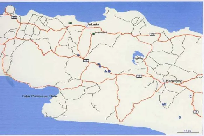 Gambar 4  Peta persebaran A. spinidens dipetakan dengan program Map Source (A, Desa Sukamanah I; B, Desa Sukamanah II; C, Kadungora; D, Cikajang;  , Pasir Sarongge;  , Cibodas;  , Desa Jogjogan; , Pertanian Organik;  , Situ Gede) 