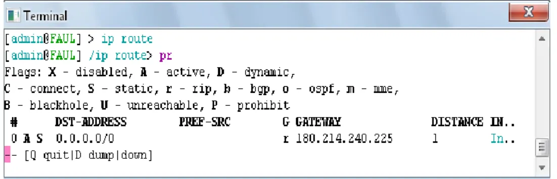 Gambar 4.3 Hasil konfigurasi gateway via terminal  Melihat hasil konfigurasi via winbox:   