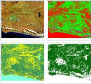 Gambar 3-2. Hasil pengolahan indeks kecerahan, indeks kebasahan serta indeks vegetasi dari data Landsat TM  wilayah Kabupaten Kebumen (Sumber: Raharjo, 2009)