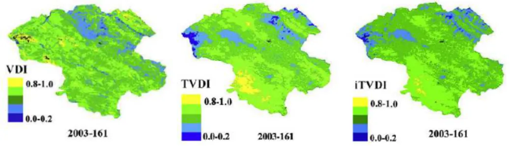 Gambar 3-3.   Contoh citra VDI, TVDI, dan iTVDI untuk kawasan semi-arid di Iran pada tahun 2003 dari data  Landsat7/ETM (Sumber: Rahimzadeh-Bajgiranet al., 2012)
