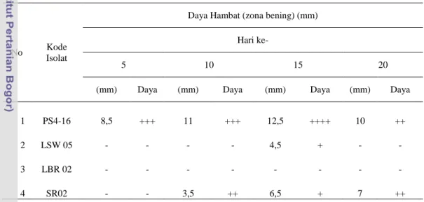 Tabel 2. Kemampuan  penghambatan  Streptomyces spp. terhadap pertumbuhan  Xanthomonas campestris  pv