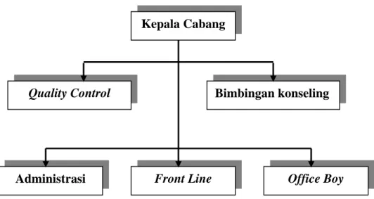 Gambar 12. Bagan Struktur Organisasi pada Setiap Cabang Bintang Pelajar   Kepala Cabang berkedudukan di setiap kantor cabang, dimana  tugas-tugas yang diembannya meliputi: mengatur jadwal masuk staf operasional dan  Pengajar Tetap (PT) dan Pengajar Kontrak