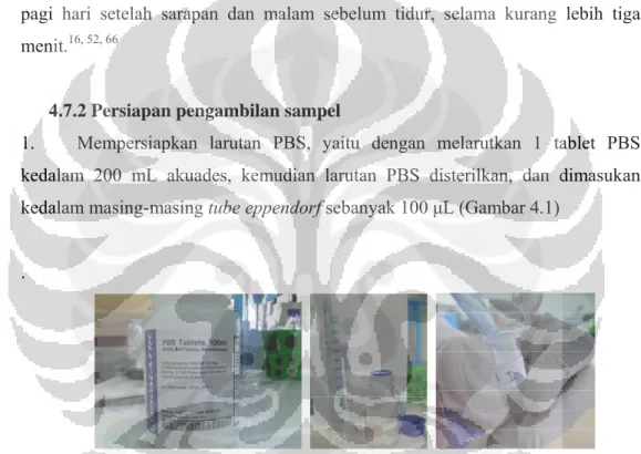 Gambar 4.1. Proses pembuatan larutan PBS. Kiri: Botol berisi tablet PBS, tengah: gelas ukur  berisi akuades 200 mL, kemudian larutan PBS disimpan dalam botol kaca tahan panas, kanan: 100 