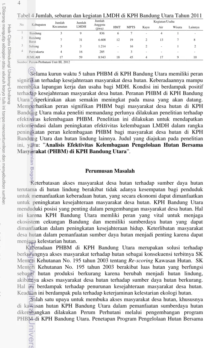 Tabel 4 Jumlah, sebaran dan kegiatan LMDH di KPH Bandung Utara Tahun 2011 