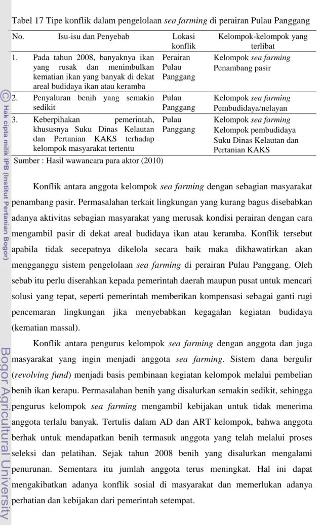 Tabel 17 Tipe konflik dalam pengelolaan sea farming di perairan Pulau Panggang  No.  Isu-isu dan Penyebab  Lokasi 