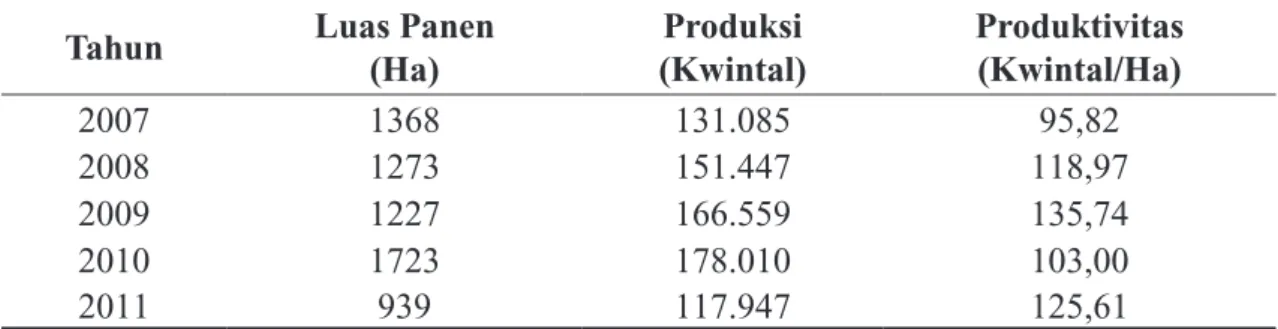 Tabel 1.   Luas Panen, Produksi dan Produktivitas Bawang Merah di Kabupaten                 Bantul, Tahun 2007 - 2011 