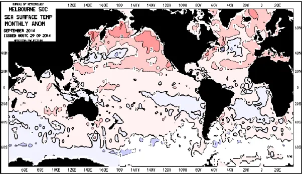 Gambar I.  1 . Anomali Suhu Muka Laut  (SST) Bulan September 2014   ( Sumber:  BOM) 