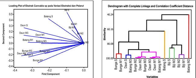 Gambar 2.:  Loading plots PCA dan  Dendrogram HCA-Complete Linkage berdasarkan seluruh puncak  kromatogram fingerprint HPTLC dari Simplisia Bunga, Biji, Daun, dan Batang Cannabis sp