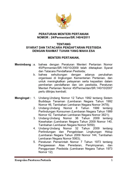 PERATURAN MENTERI PERTANIAN NOMOR : 24/Permentan/SR.140/4/2011 TENTANG ...