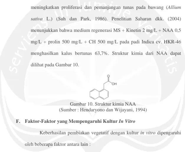 Gambar 10. Struktur kimia NAA  (Sumber : Hendaryono dan Wijayani, 1994)  F.  Faktor-Faktor yang Mempengaruhi Kultur In Vitro 