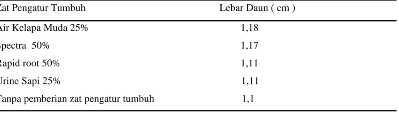 Tabel 7. Lebar daun terlebar setek pucuk jeruk kacang dengan pemberian beberapa zat pengatur tumbuh pada umur 120 ( HST )