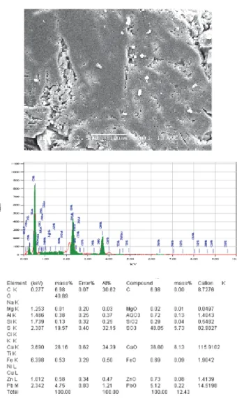 Gambar  6  Hasil uji EDS sampel  lapisan merah  Gua Sumpang  Bita (perbesaran 1000 x)