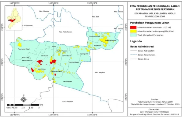 Gambar 2.  Peta Perubahan Penggunaan Lahan Pertanian ke Non Pertanian di  Kecamatan Jati Kabupaten Kudus Tahun 2000 – 2009  