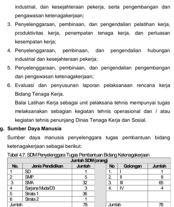 Tabel 4.7. SDM Penyelenggara Tugas Pembantuan Bidang Ketenagakerjaan   Jumlah SDM (orang) 