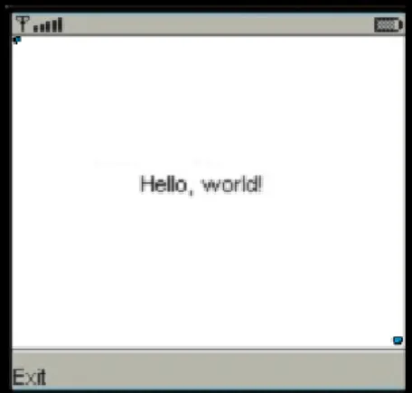 Gambar 2: Hello World MIDlet menggunakan canvas  import javax.microedition.midlet.*; 