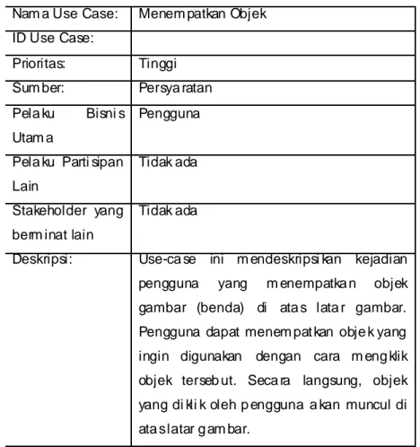 Tabel 3.4 Use C ase Spesification Menem patkan O bjek  Nam a Use  Case:   Menem patkan Objek 